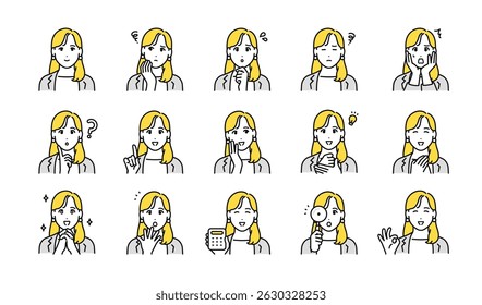 Facial expression icon set of a working young woman in a suit