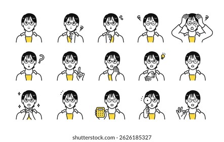 Facial expression icon set of a young woman wearing glasses