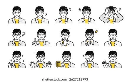 Facial expression icon set of a young man wearing glasses