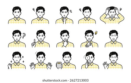 Facial expression icon set of a young man wearing a checkered shirt