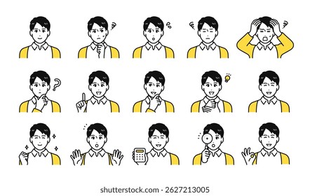 Facial expression icon set of a young man wearing a cardigan