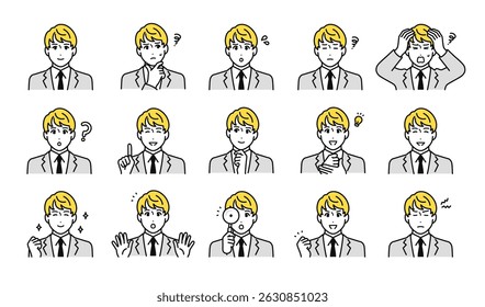 Facial expression icon set of a young man in a suit