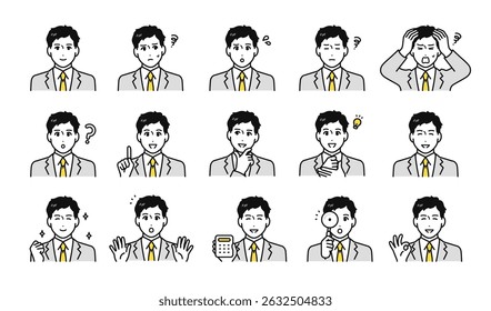 Facial expression icon set of a young businessman in a suit