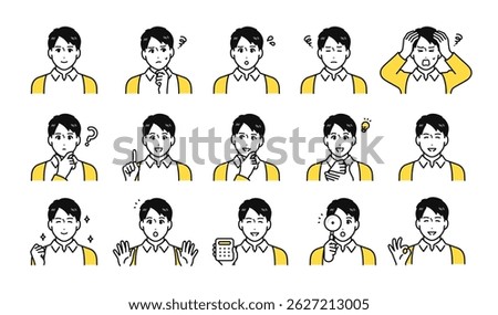 Facial expression icon set of a young man wearing a cardigan