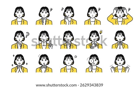 Facial expression icon set of a young woman in a suit