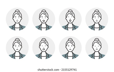 Facial expression icon of young business woman. Variation set.