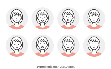 Facial expression icon of a young housewife. Variation set.