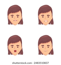 Facial expression icons set cartoon vector. Woman with various emotion. Cartoon character