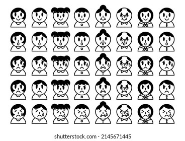 Facial expression icons set of family. Vector illustration. Black and white.