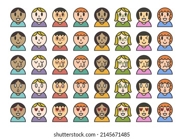 Facial expression icons set of men and women. Vector illustration. 