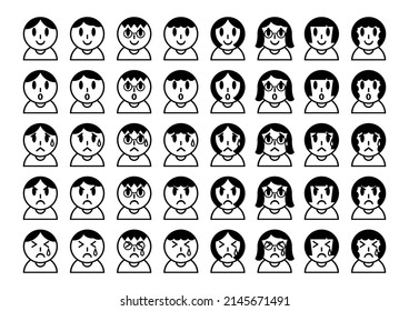 Facial expression icons set of men and women. Vector illustration. Black and white.