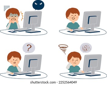 Facial expression illustration of a boy using a computer