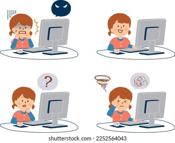 Facial expression illustration of a girl using a computer