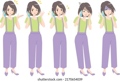 Facial expression illustration material set of a young woman conversing with a smartphone