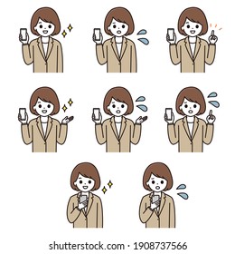 Facial expression illustration set of a business woman with a smartphone