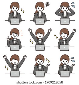 Facial expression illustration set of a business woman sitting in front of a computer
