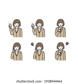 Facial expression illustration set of a business woman with a smartphone