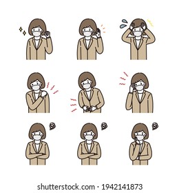 Facial expression illustration set of a business woman wearing a mask