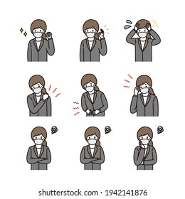Facial expression illustration set of a business woman wearing a mask