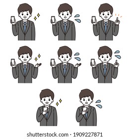 Facial expression illustration set of a businessman with a smartphone