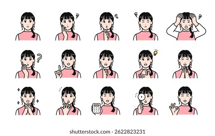 Facial expression illustration set of a fashionable working young woman