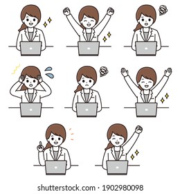 Facial expression illustration set of female pharmacists and female doctors working on personal computers