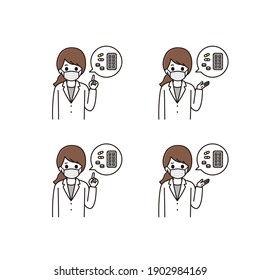 Ilustración facial conjunto de mujeres farmacéuticas y doctoras con mascarilla explicando la medicina