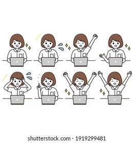 Facial expression illustration set of a female nurse using a laptop