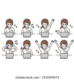 Facial expression illustration set of a female nurse in a mask using a laptop