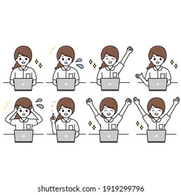 Facial expression illustration set of a female nurse using a laptop