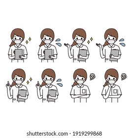 Facial expression illustration set of female nurse in mask