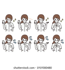 Facial expression illustration set of a female nurse in a mask holding a smartphone