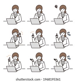 Facial expression illustration set of female pharmacist and doctor in front of laptop