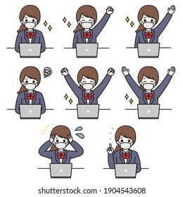 Facial expression illustration set of a high school girl wearing a mask using a laptop