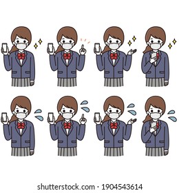 Facial expression illustration set of a high school girl in a mask holding a smartphone