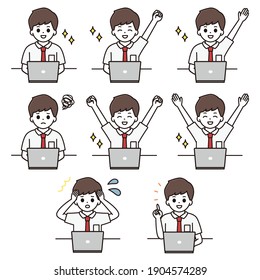 Facial expression illustration set of high school boys using a laptop