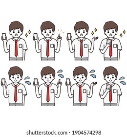 Facial expression illustration set of high school boys with smartphones