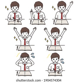 Facial expression illustration set of high school boys studying