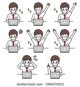 Facial expression illustration set of high school boys wearing masks using laptops