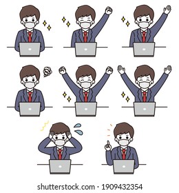 Facial expression illustration set of a male student wearing a mask and sitting in front of a laptop