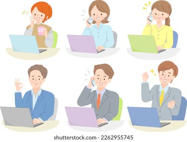 Conjunto de ilustraciones de expresión facial de hombres y mujeres que trabajan en computadoras
