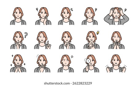 Facial expression illustration set of middle-aged female managers