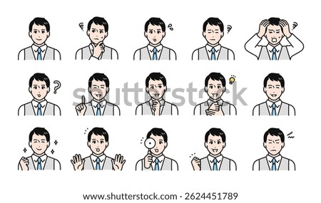 Facial expression illustration set of a middle-aged man wearing a vest