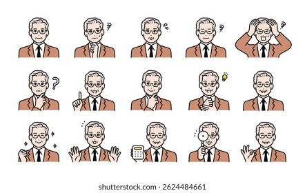 Facial expression illustration set of senior male business owners
