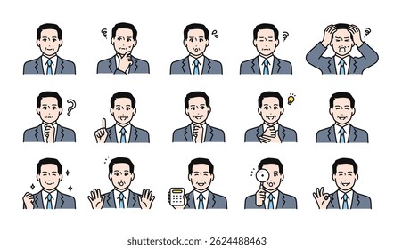 Facial expression illustration set of a senior man in a suit