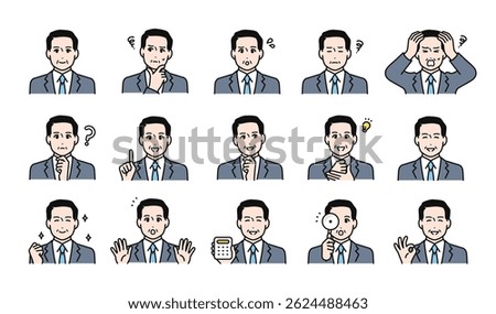 Facial expression illustration set of a senior man in a suit
