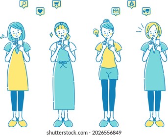Facial expression illustration set of a smiling woman holding a smartphone
