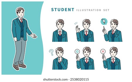 Facial expression illustration set of students wearing uniforms