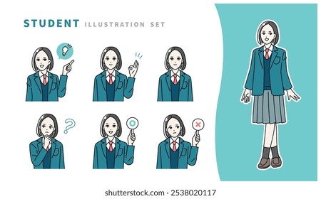 Facial expression illustration set of students wearing uniforms