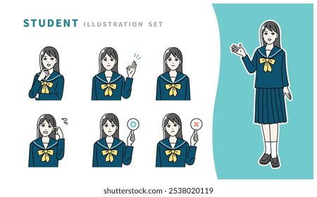 Conjunto de ilustración de expresión facial de estudiantes que usan uniformes